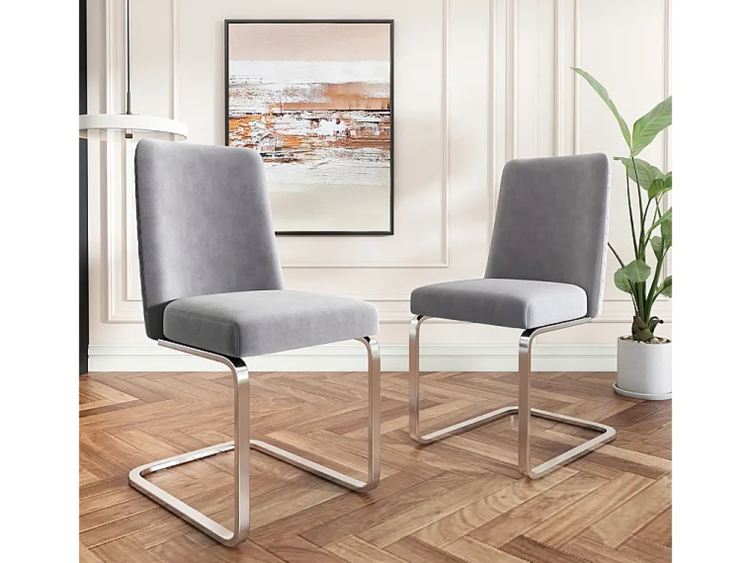 2 sillas cantilever en terciopelo y metal plateado - Diseño diamante - Carga máx. 150 kg - 55x45x87 cm - Gris