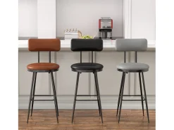 2 sillas de bar grises con respaldo, estilo industrial, altura del asiento de 65 cm, piel sintética