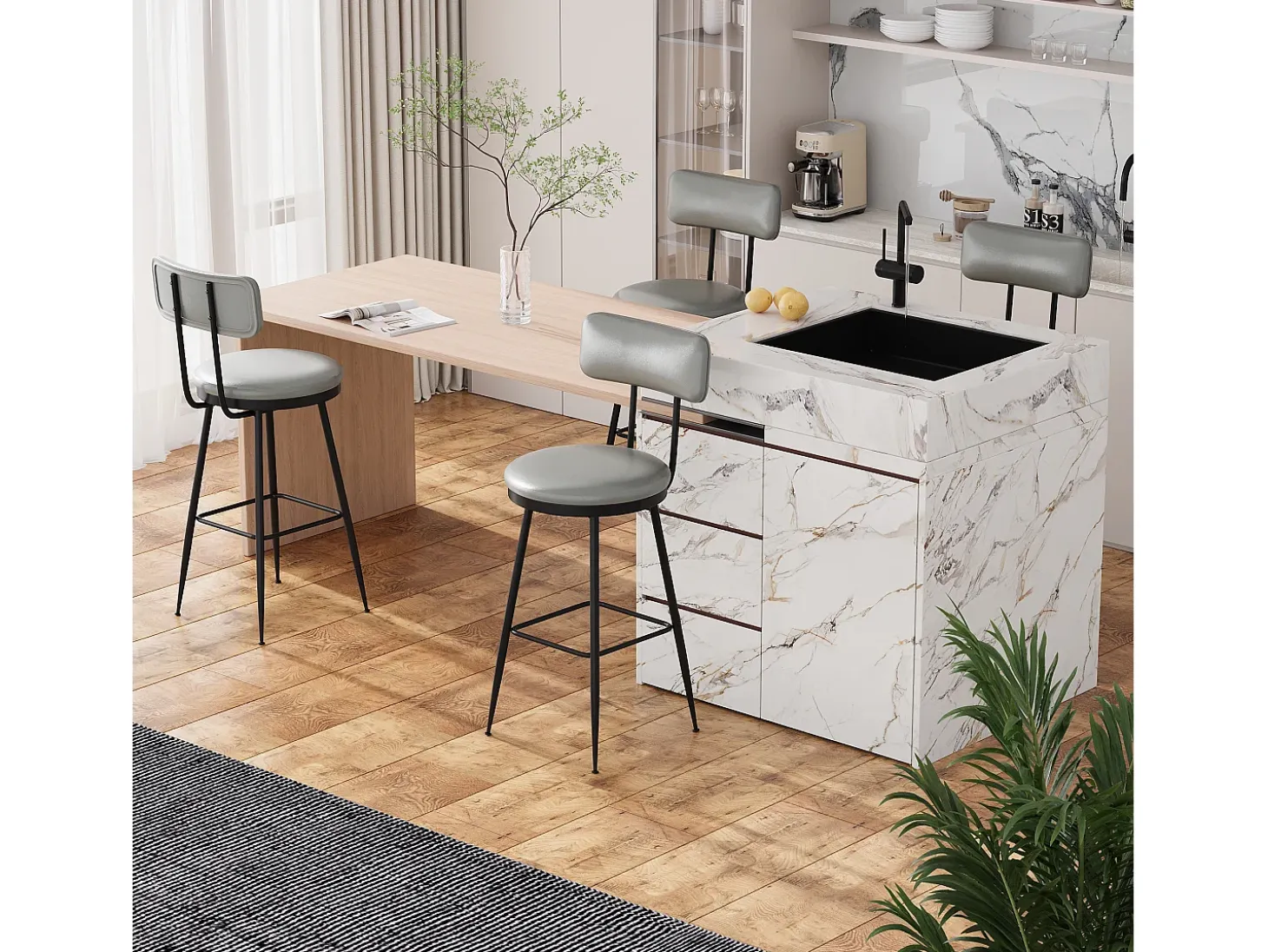 2 sillas de bar grises con respaldo, estilo industrial, altura del asiento de 65 cm, piel sintética