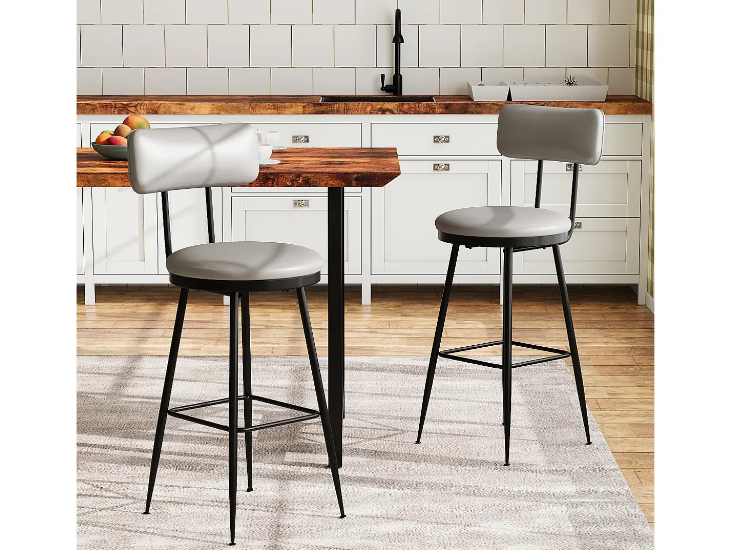 2 sillas de bar grises con respaldo, estilo industrial, altura del asiento de 65 cm, piel sintética