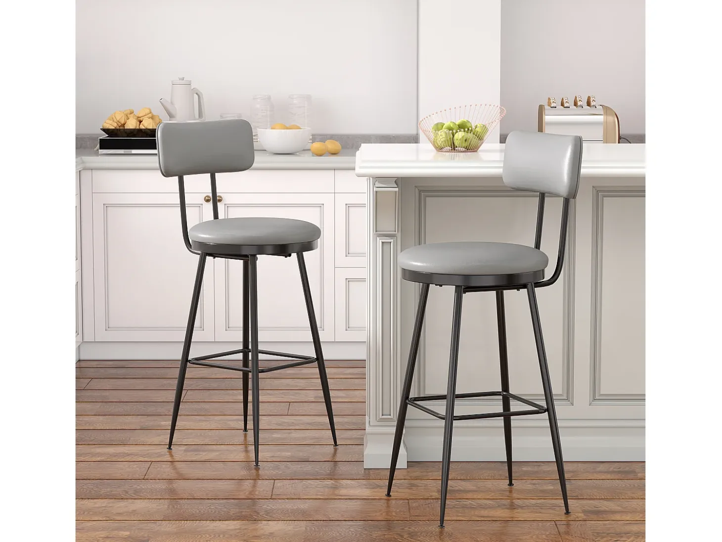 2 sillas de bar grises con respaldo, estilo industrial, altura del asiento de 65 cm, piel sintética