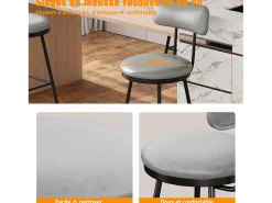 2 sillas de bar grises con respaldo, estilo industrial, altura del asiento de 65 cm, piel sintética