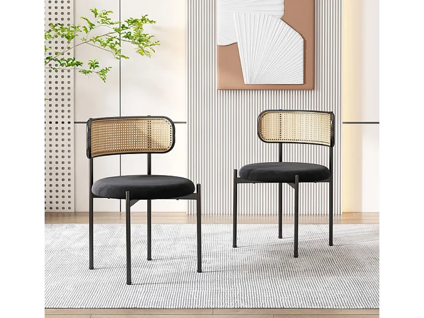 2 sillas en terciopelo y ratán - Patas de metal - Carga máxima 150 kg - 45×40×75 cm - Negro