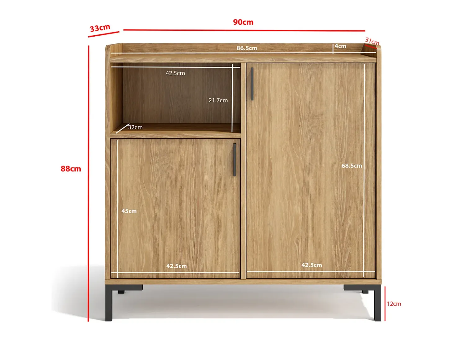 Aparador - A88cm x L90cm x P33cm roble dorado - Dover