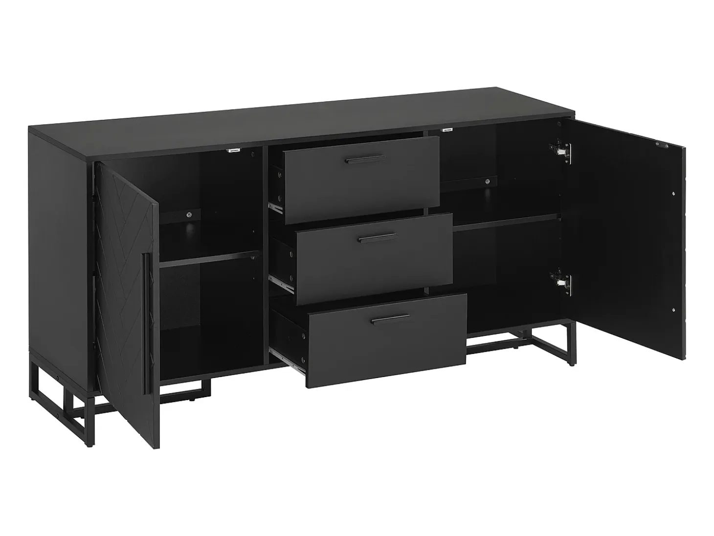 Aparador 2 puertas y 3 cajones con estantes regulables - diseño en espiga - Negro