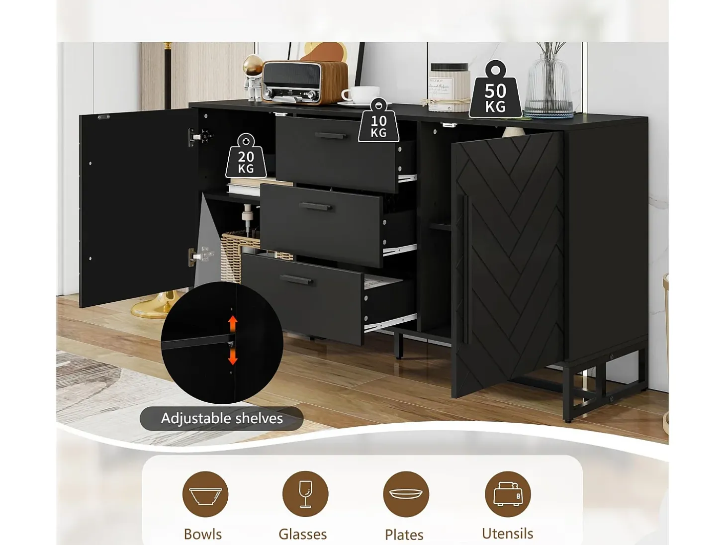 Aparador 2 puertas y 3 cajones con estantes regulables - diseño en espiga - Negro
