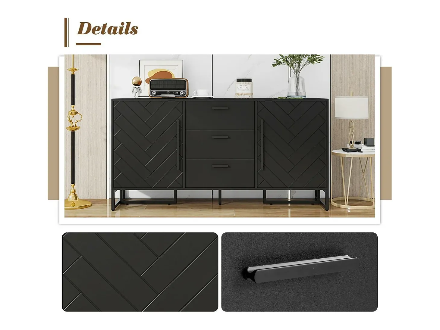 Aparador 2 puertas y 3 cajones con estantes regulables - diseño en espiga - Negro