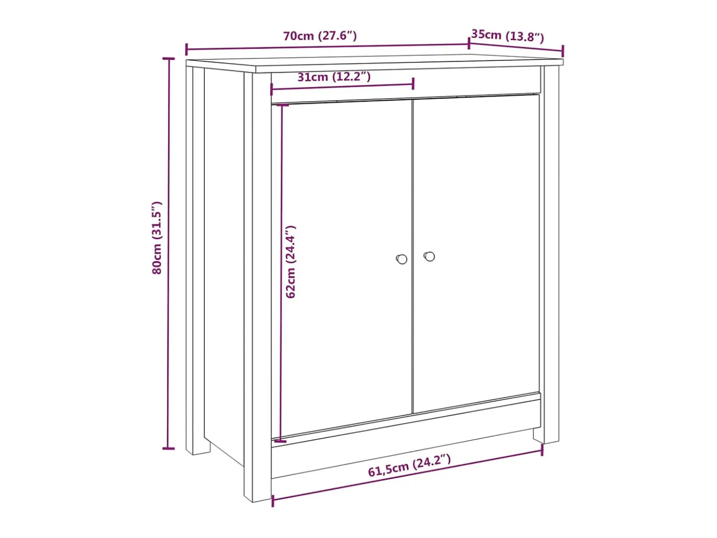 Aparador 2 uds de madera maciza de pino blanco 70x35x80 cm