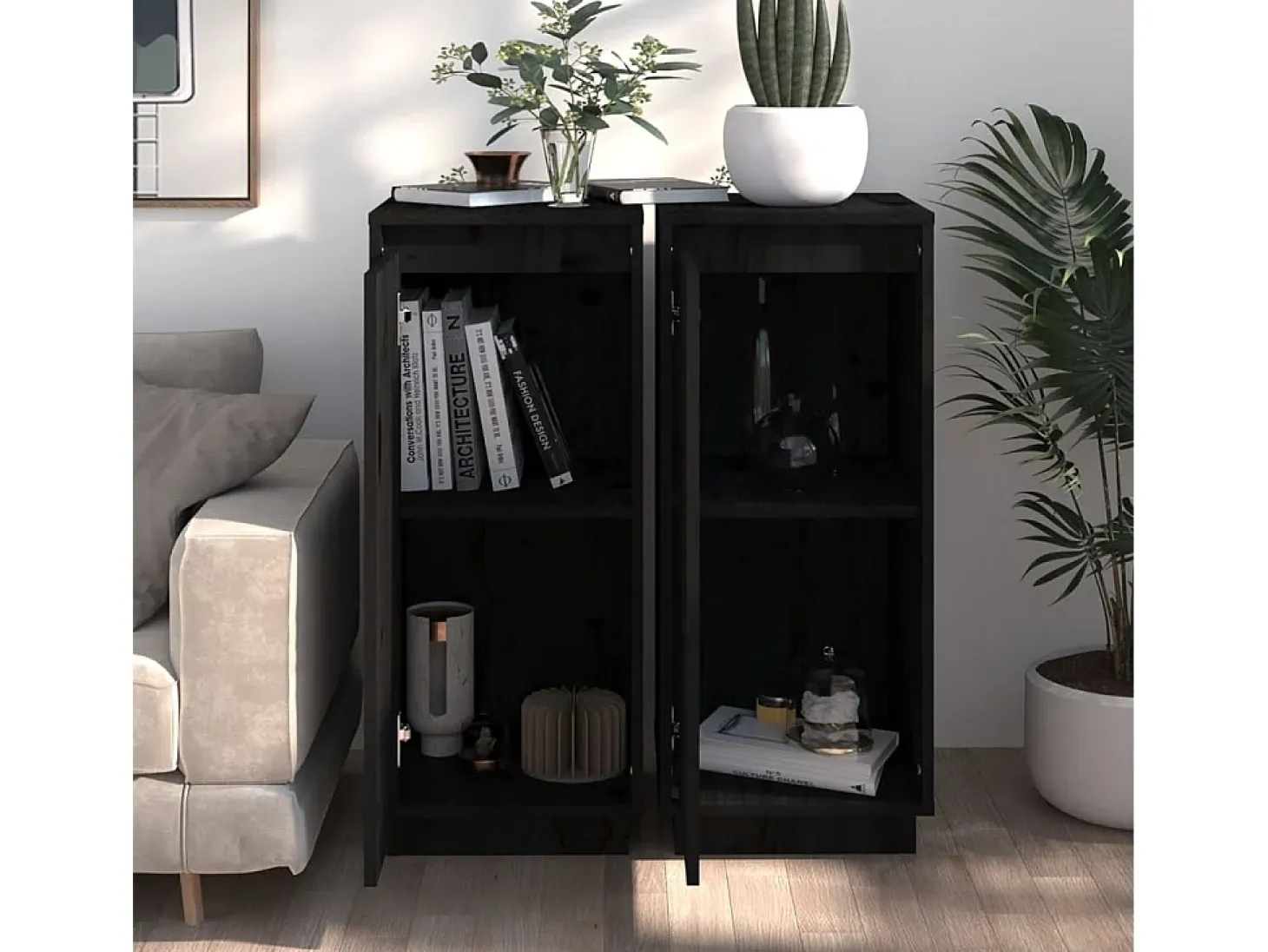Aparador 2 uds madera maciza de pino negro 31,5x34x75 cm ES89099