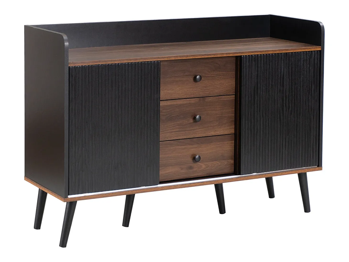 Aparador 117 x 40 x 80 cm - con 2 puertas negras y 3 cajones veteados en madera - patas de madera - para dormitorio y salón