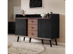 Aparador 117 x 40 x 80 cm - con 2 puertas negras y 3 cajones veteados en madera - patas de madera - para dormitorio y salón