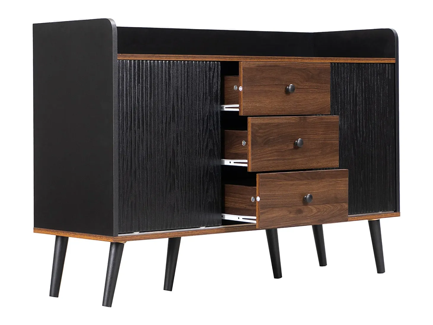 Aparador 117 x 40 x 80 cm - con 2 puertas negras y 3 cajones veteados en madera - patas de madera - para dormitorio y salón