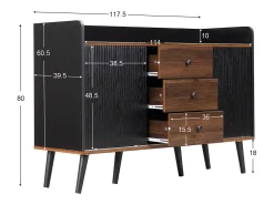 Aparador 117 x 40 x 80 cm - con 2 puertas negras y 3 cajones veteados en madera - patas de madera - para dormitorio y salón