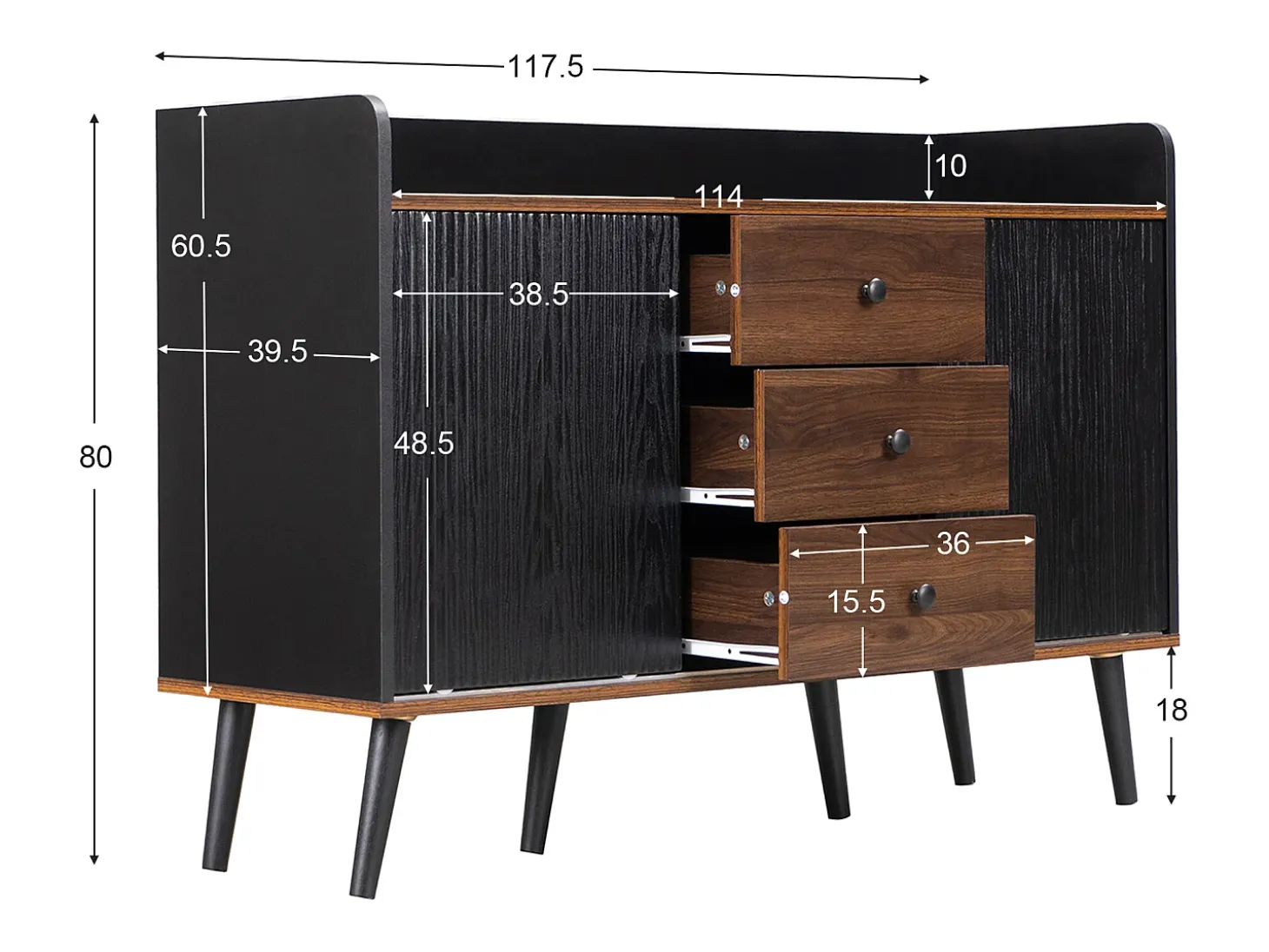 Aparador 117 x 40 x 80 cm - con 2 puertas negras y 3 cajones veteados en madera - patas de madera - para dormitorio y salón