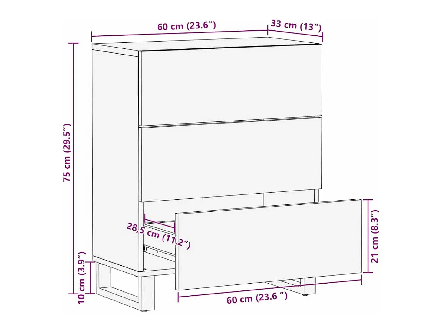 Aparador - 60x33,5x75 cm, madera maciza de mango