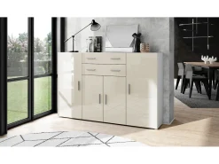 Aparador alto Aron con 2 cajones y 4 puertas con un total de 8 compartimentos detrás, blanco mate/crema de alto brillo (166,5 x 106,5 x 35 cm)