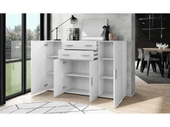 Aparador alto Aron con 2 cajones y 4 puertas con un total de 8 compartimentos detrás, blanco mate/blanco mate (166,5 x 106,5 x 35 cm)