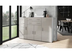 Aparador alto Aron con 2 cajones y 4 puertas con un total de 8 compartimentos detrás, blanco mate/gris arena de alto brillo (166,5 x 106,5 x 35 cm)