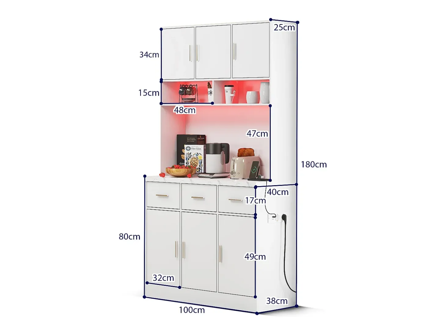 Aparador alto blanco - Aparador con 6 puertas y 3 cajones - Luz LED y carga USB - para cocina y comedor