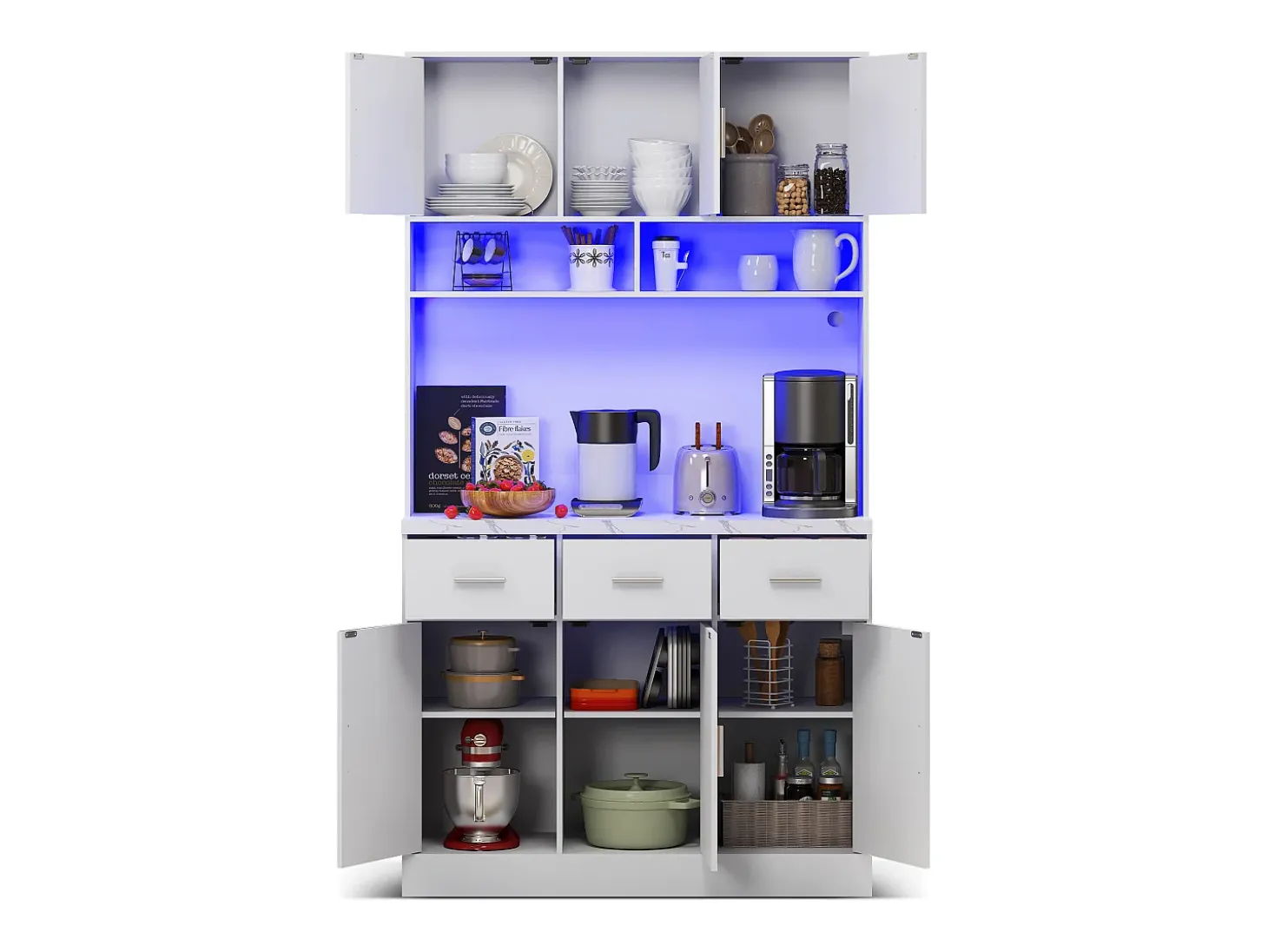 Aparador alto blanco - Aparador con 6 puertas y 3 cajones - Luz LED y carga USB - para cocina y comedor