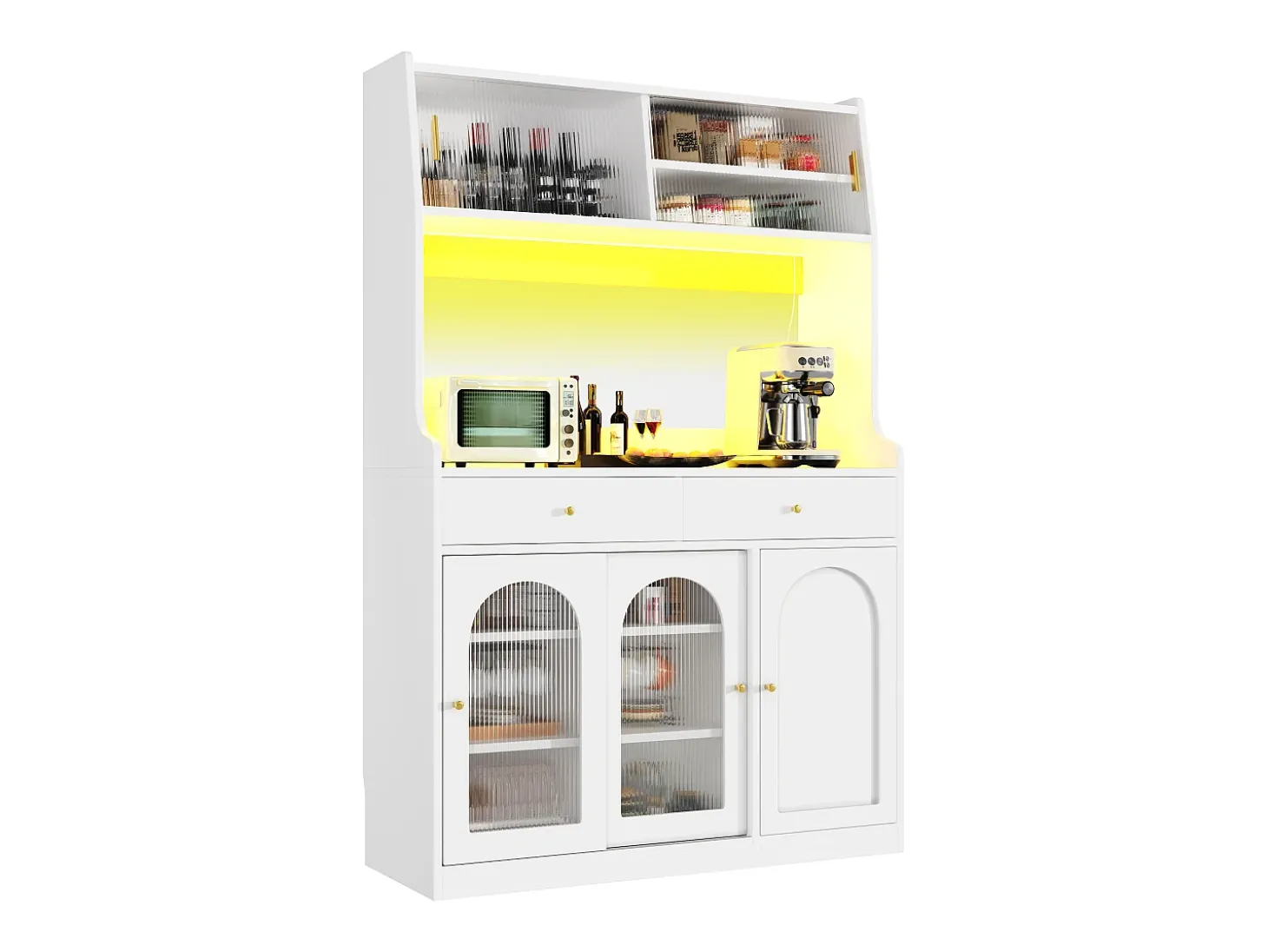 Aparador alto blanco - Aparador con 2 cajones y 5 puertas - estantes regulables e iluminación LED