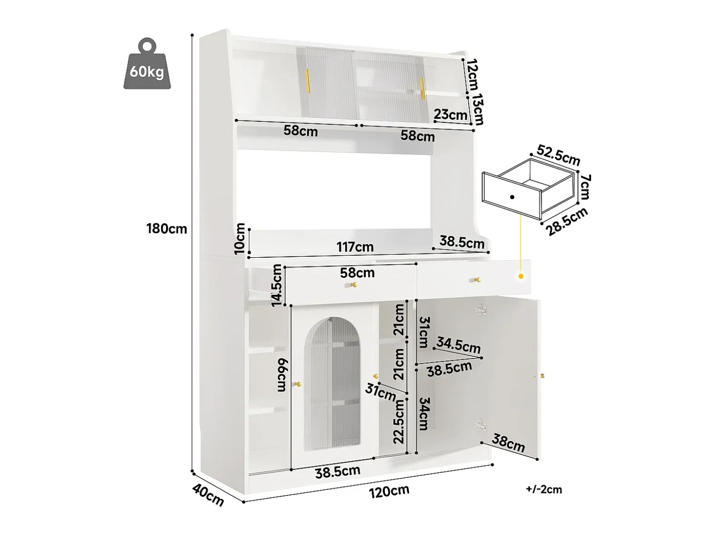 Aparador alto blanco - Aparador con 2 cajones y 5 puertas - estantes regulables e iluminación LED