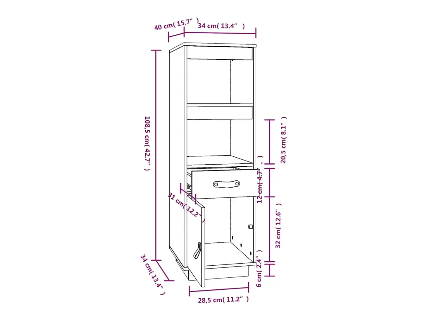 Aparador alto Blanco 34x40x108,5 cm Madera maciza de pino