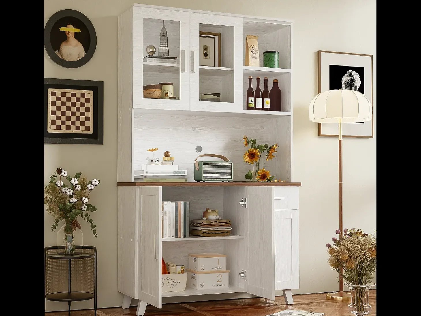 Aparador alto con 5 puertas, 1 cajón y compartimentos abiertos - 114 x 40 x 190 cm - Tablero de partículas - Blanco