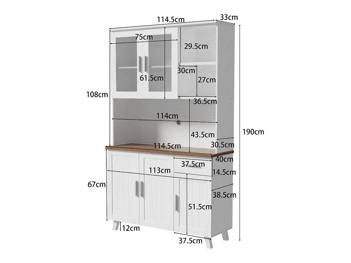 Aparador alto con 5 puertas, 1 cajón y compartimentos abiertos - 114 x 40 x 190 cm - Tablero de partículas - Blanco