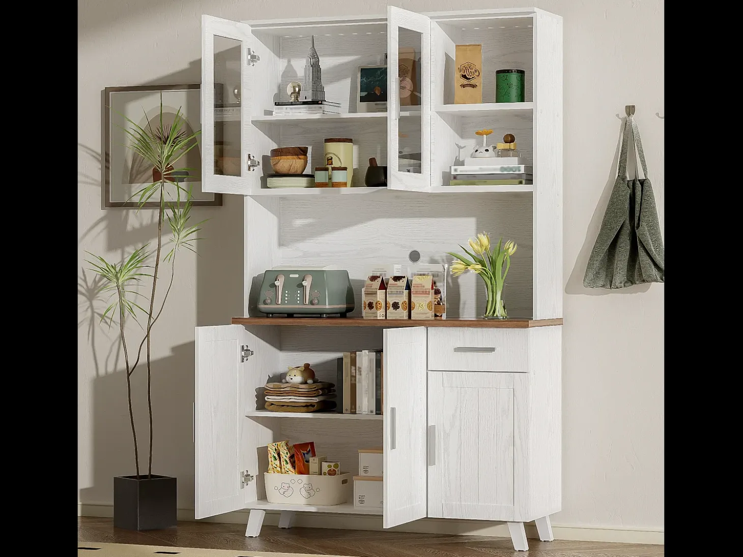 Aparador alto con 5 puertas, 1 cajón y compartimentos abiertos - 114 x 40 x 190 cm - Tablero de partículas - Blanco