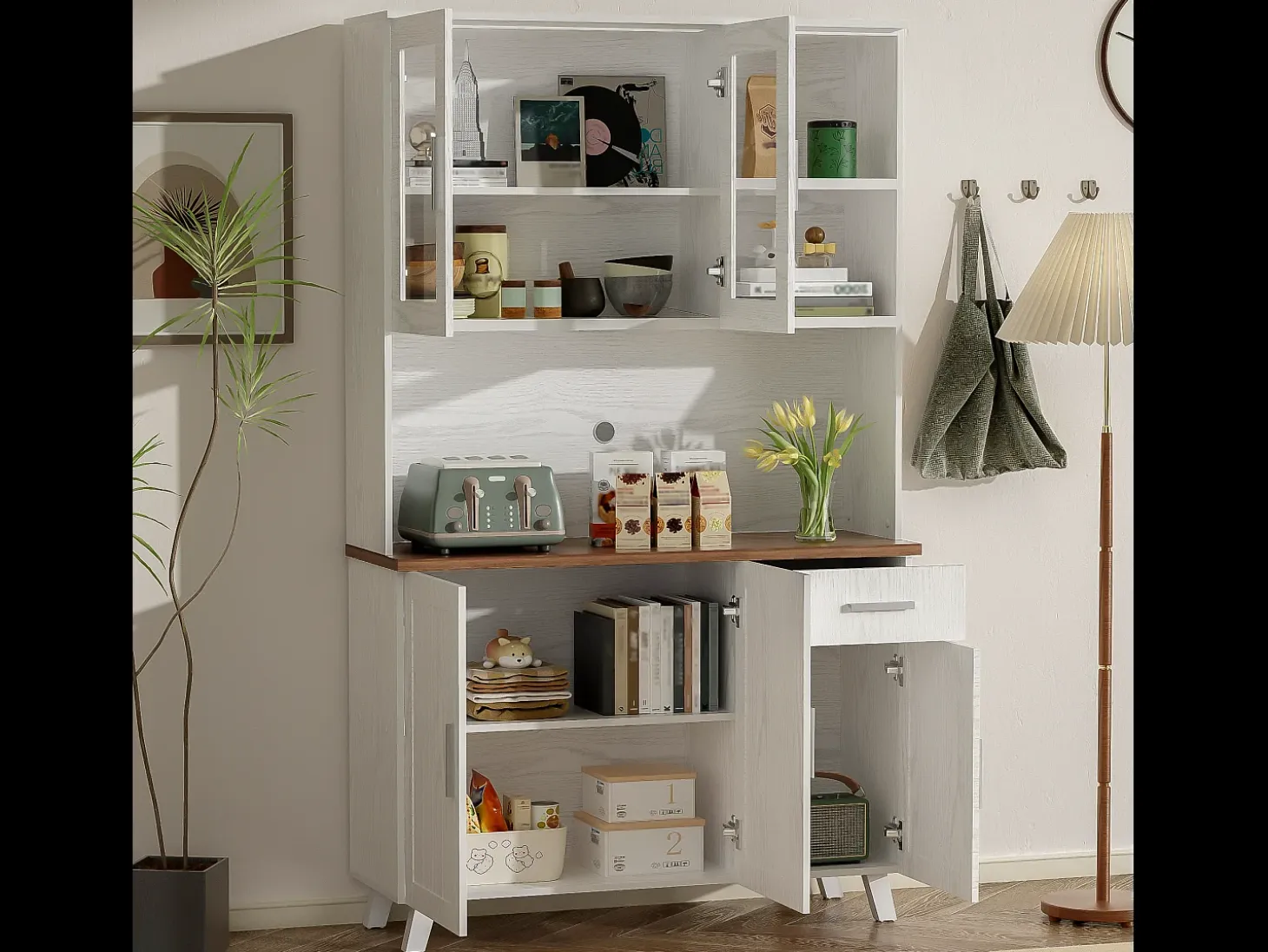 Aparador alto con 5 puertas, 1 cajón y compartimentos abiertos - 114 x 40 x 190 cm - Tablero de partículas - Blanco