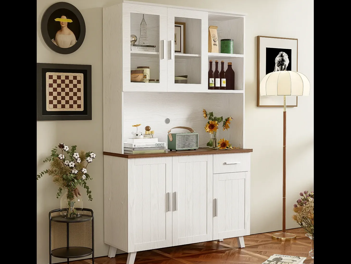 Aparador alto con 5 puertas, 1 cajón y compartimentos abiertos - 114 x 40 x 190 cm - Tablero de partículas - Blanco