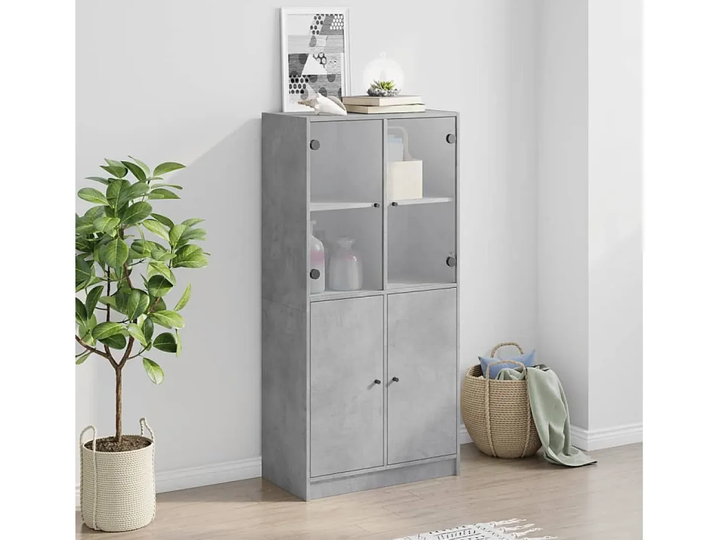 Aparador alto con puertas gris hormigón 68x37x142 cm madera de ingeniería