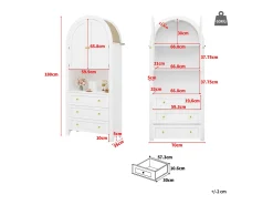 Aparador alto con puertas y cajones, estantes arqueados abiertos, blanco, mueble para cocina o salón
