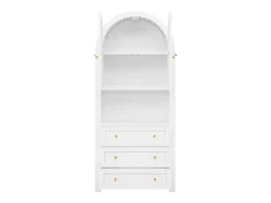 Aparador alto con puertas y cajones, estantes arqueados abiertos, blanco, mueble para cocina o salón