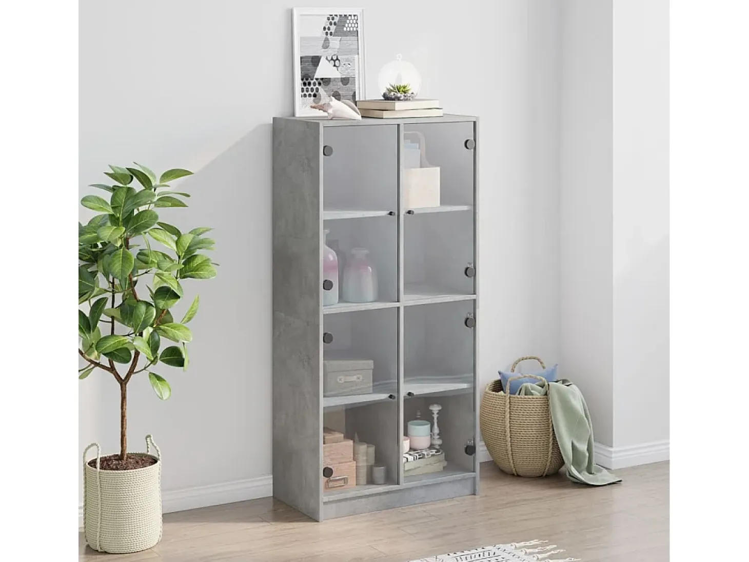 Aparador alto con puertas gris hormigón 68x37x142 cm madera de ingeniería