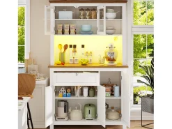 Aparador alto de cocina - 104 x 40 x 180 cm - con estantes regulables + LEDs + 5 puertas + 1 cajón - Metal + MDF - blanco