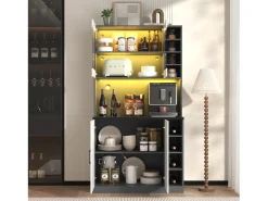 Aparador alto de cocina - 100 x 47 x 187 cm - con luces LED + 4 puertas + estantes ajustables - MDF + Acrílico - blanco