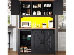 Aparador alto de cocina - 115 x 40 x 174,7 cm - con puertas correderas + cajones + LED - MDF + metal - negro