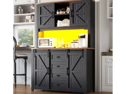 Aparador alto de cocina - 115 x 40 x 174,7 cm - con puertas correderas + cajones + LED - MDF + metal - negro