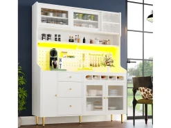 Aparador alto de cocina - 145 x 39 x 171 cm - con LEDs + botellero + puertas de cristal + 3 cajones - cristal + MDF - blanco