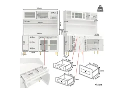 Aparador alto de cocina - 145 x 39 x 171 cm - con LEDs + botellero + puertas de cristal + 3 cajones - cristal + MDF - blanco