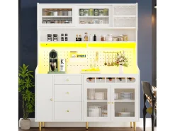 Aparador alto de cocina - 145 x 39 x 171 cm - con LEDs + botellero + puertas de cristal + 3 cajones - cristal + MDF - blanco