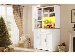 Aparador alto de cocina - 104 x 40 x 180 cm - con LEDs + 4 puertas + 1 cajón + estante - MDF + metal - blanco