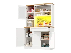 Aparador alto de cocina - 104 x 40 x 180 cm - con LEDs + 4 puertas + 1 cajón + estante - MDF + metal - blanco