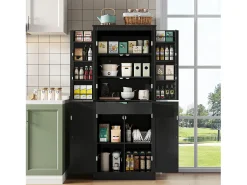 Aparador alto de cocina - 182 x 40 x 75 cm - con 4 puertas + compartimentos de almacenaje + cajón - MDF - negro