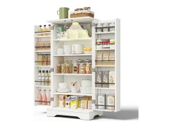 Aparador alto de cocina - 60 x 40 x 120 cm - con LED + 2 puertas con estantes regulables y baldas en la puerta - MDF - blanco