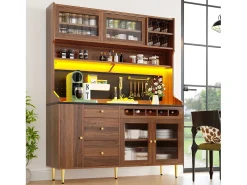Aparador alto de cocina - 145 x 39 x 171 cm - con LEDs + botellero + puertas de cristal + 3 cajones - cristal + MDF - natural