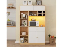 Aparador alto de cocina con iluminación LED - 115 x 35 x 180 cm - con 1 cajón + 3 puertas + estantes - tablero de partículas - blanco + natural