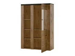 Aparador alto de diseño con 1 puerta para salón en color blanco con efecto de madera y roble. Colección SANTIAGO.